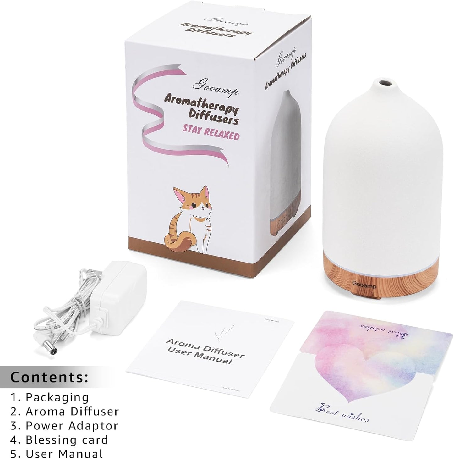 Ceramic Essential Oil Diffuser, 200ML Ultrasonic Aromatherapy Humidifier with LED Lights