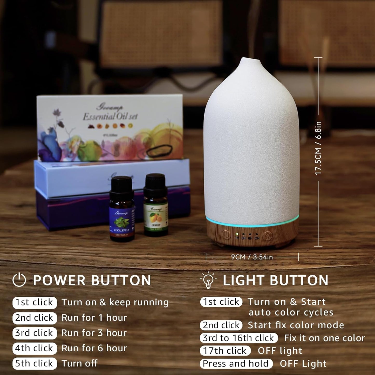 Ceramic Essential Oil Diffuser, 200ML Ultrasonic Aromatherapy Humidifier with LED Lights