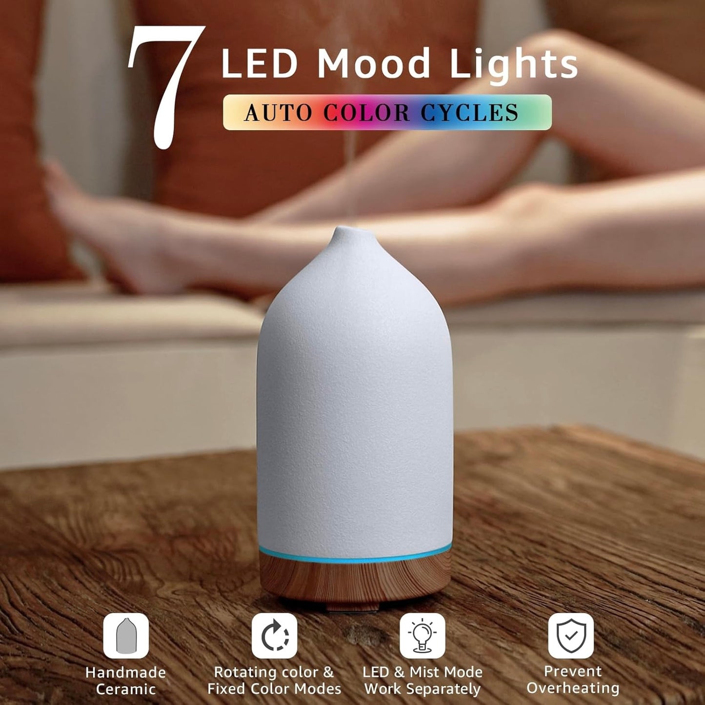Ceramic Essential Oil Diffuser, 200ML Ultrasonic Aromatherapy Humidifier with LED Lights