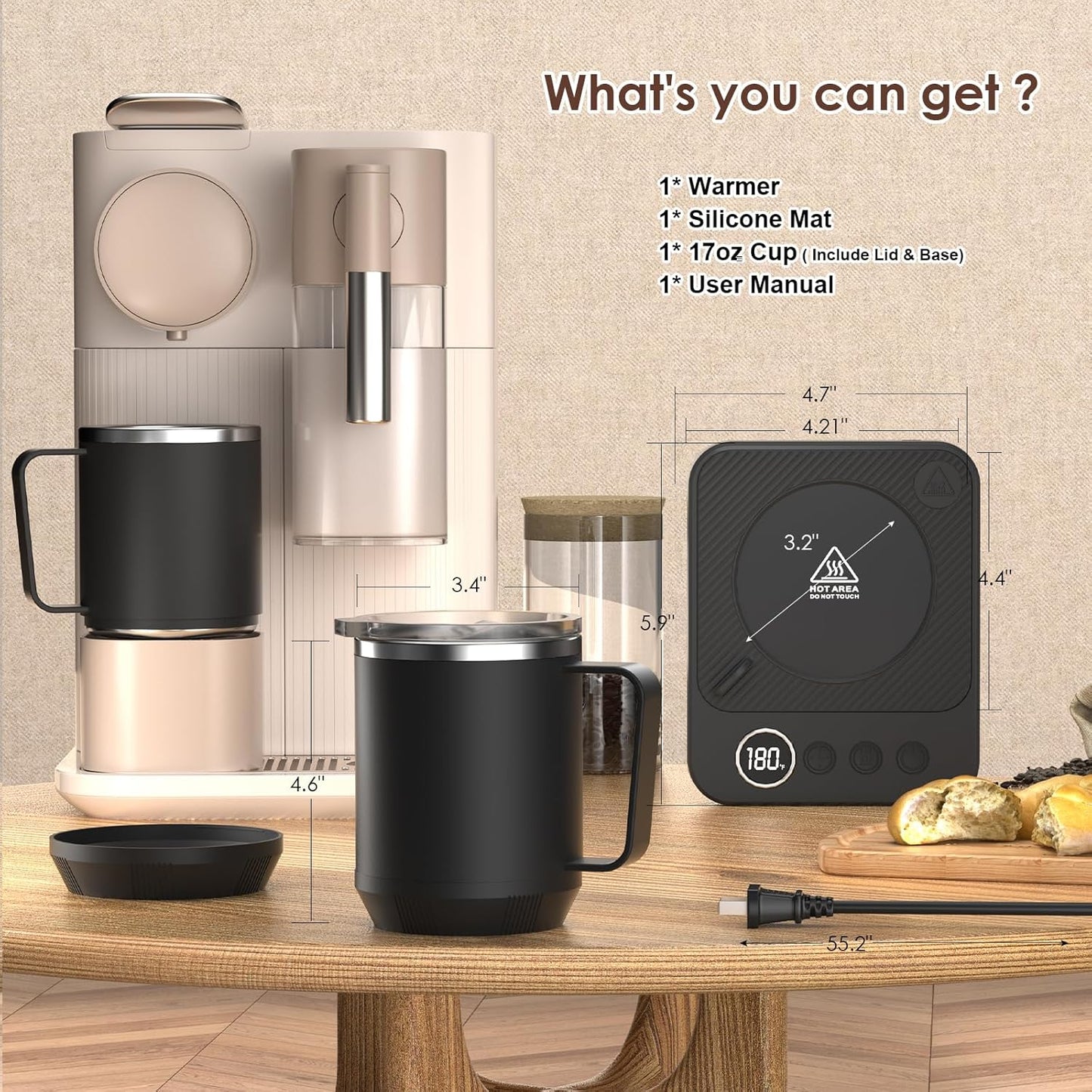 36W Smart Coffee Mug Warmer Set – 16oz Stainless Steel Mug